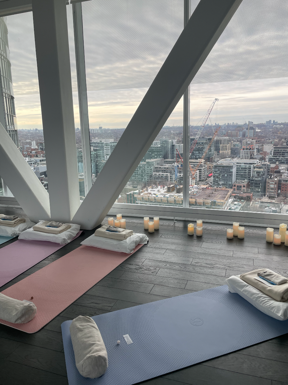 Yoga mats, candles and the view.