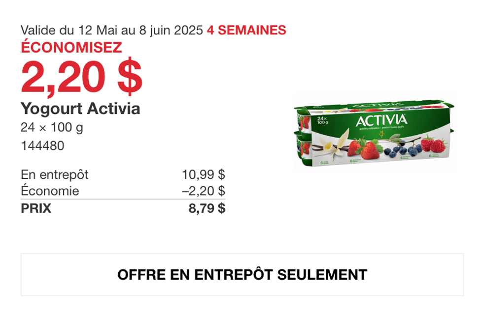 Yogourt Activia dans la circulaire en ligne du Costco.