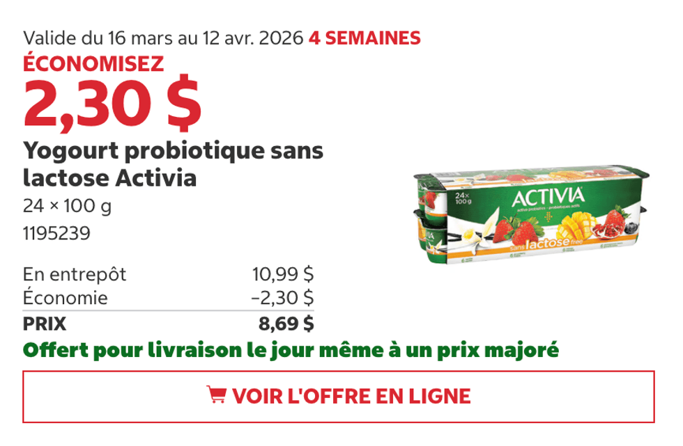 Yogourt probiotique sans lactose Activia en rabais au Costco.