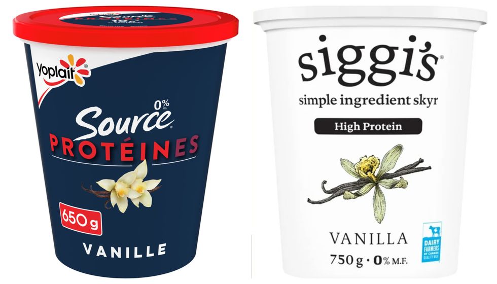 Yogourt Source de Yoplait sur fond blanc. Droite : Yogourt Siggi's sur fond blanc.