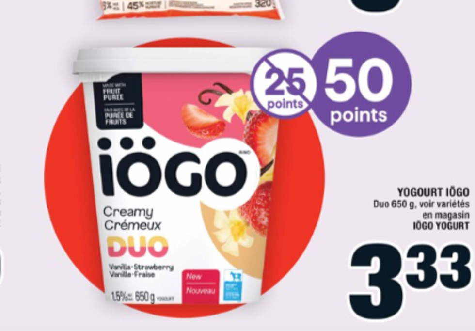 Yogourts i\u00d6GO de plusieurs saveurs en rabais dans la circulaire du Super C.