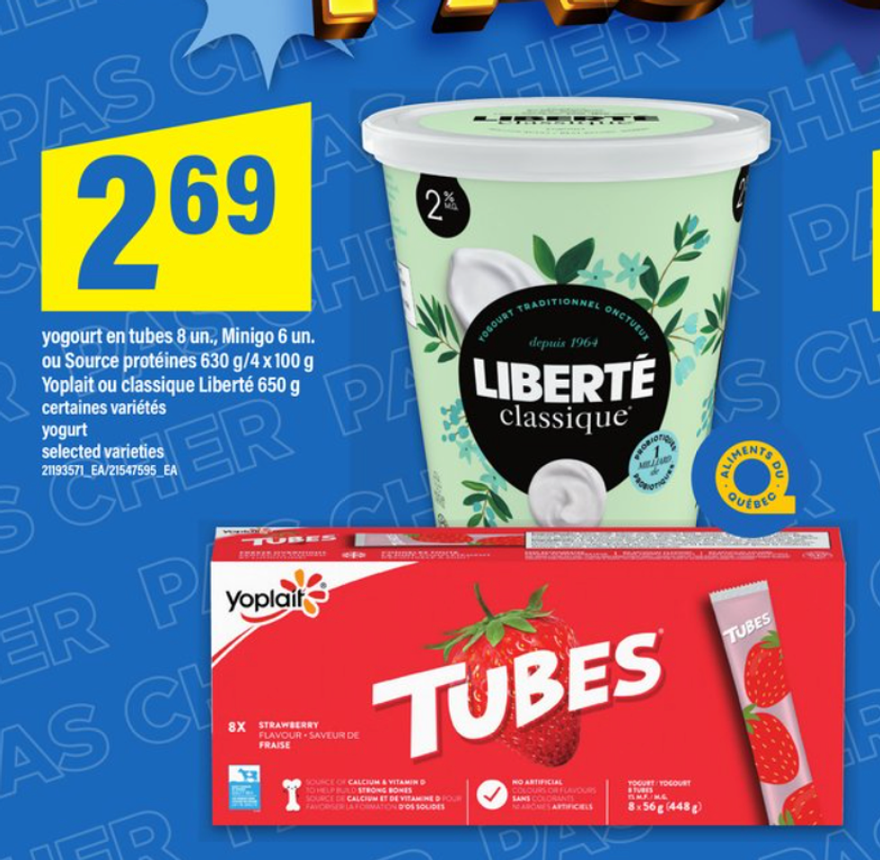 Yogourts Libert\u00e9 ou Yoplait en tube dans la circulaire du Maxi.
