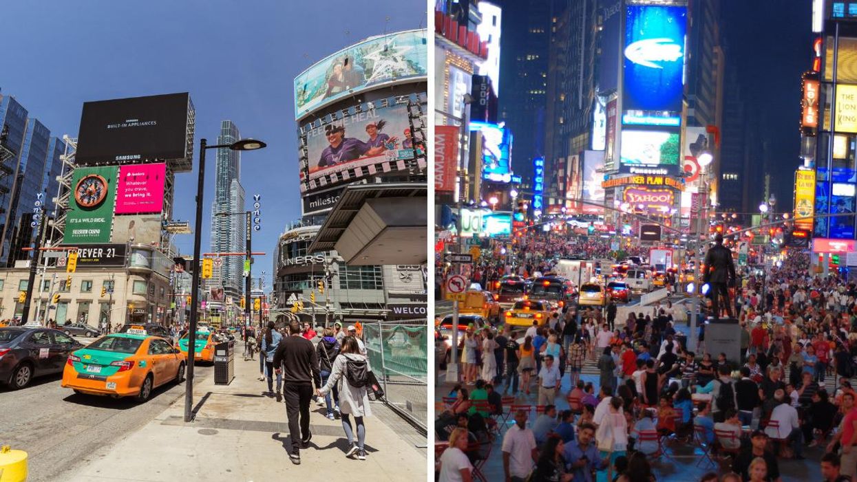 Yonge and Dundas Square in Toronto. Right: Times Square in New York City.