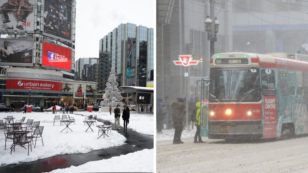 Yonge and Dundas Square in winter. Right: A streetcar in a snowstorm