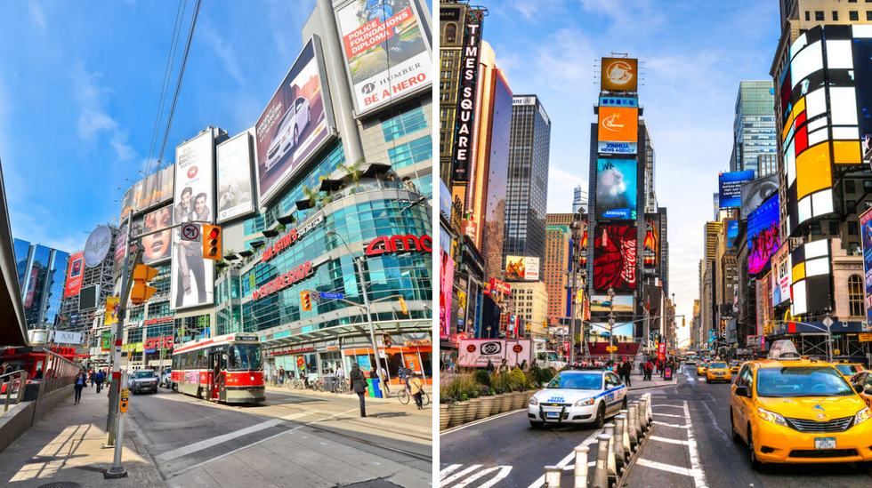 Yonge-Dundas Square. Right:Times Square.