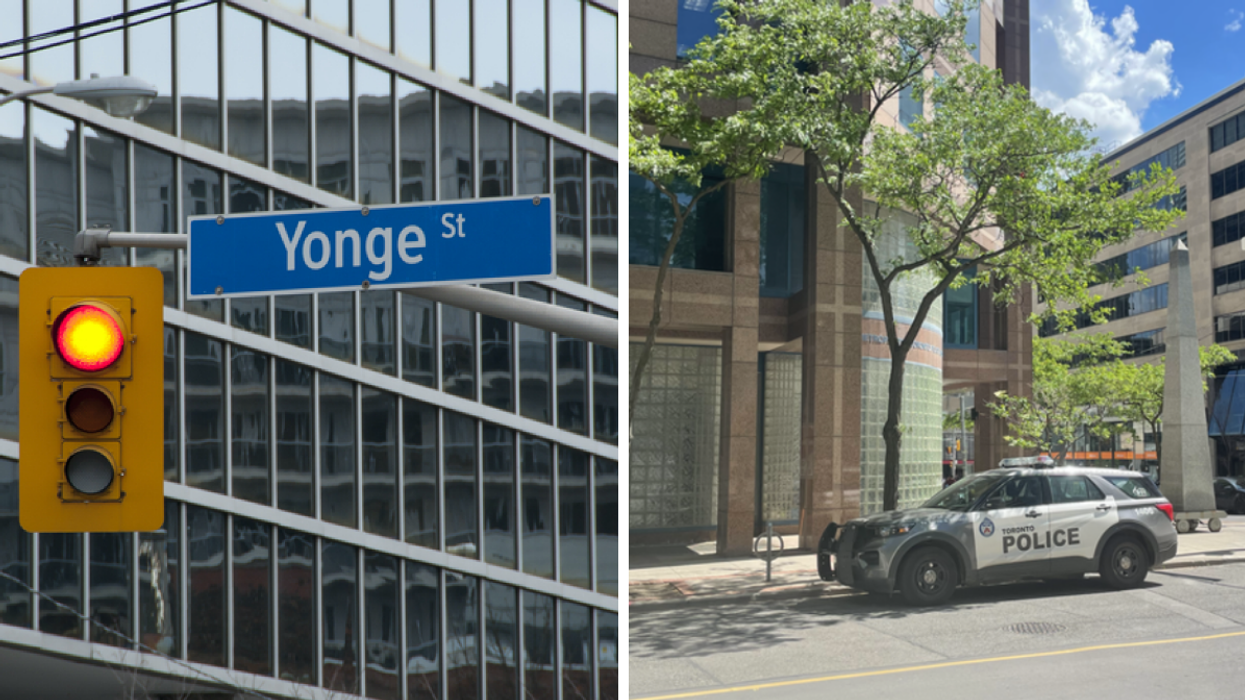 Yonge Street sign. Right: Toronto Police Service car.