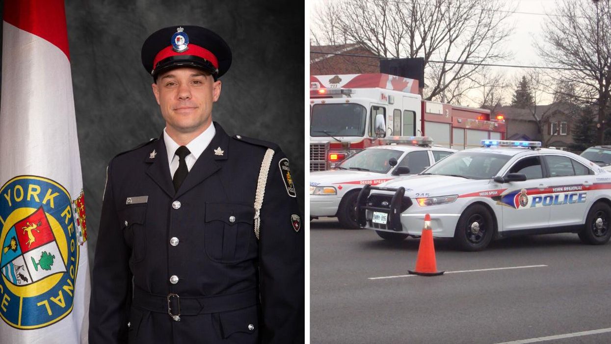 York Regional Police officer Constable Travis Gillespie. Right: York Regional Police cars.