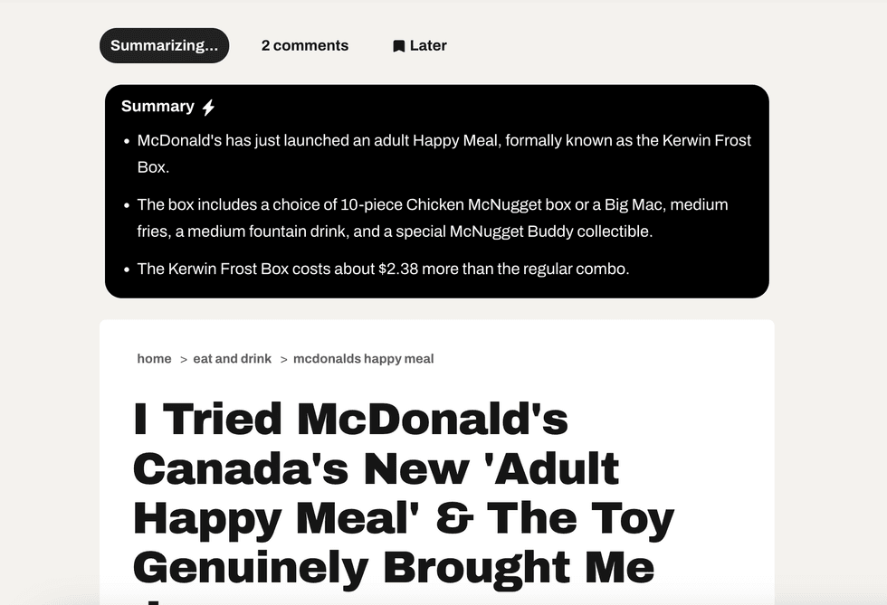 You can now click on "Summarize" to instantly summarize any articles on Narcity using ChatGPT technology.