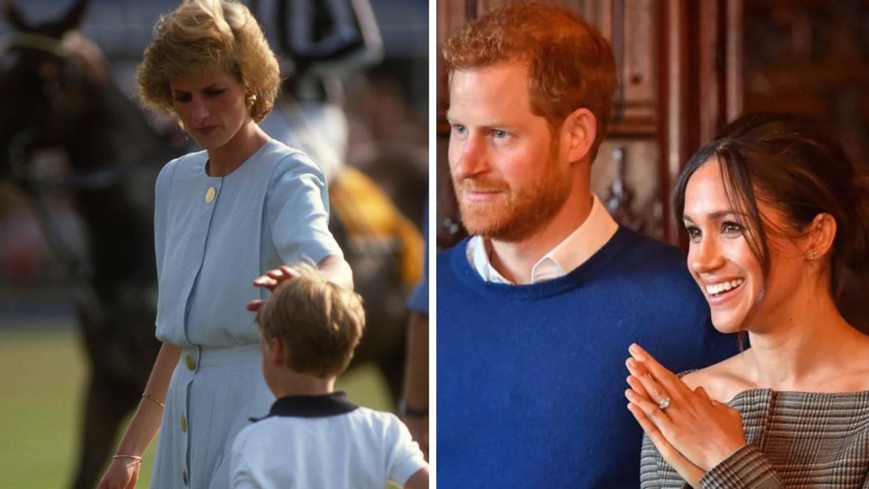 Young Diana with Harry as a child. Right: Prince Harry and Meghan Markle.