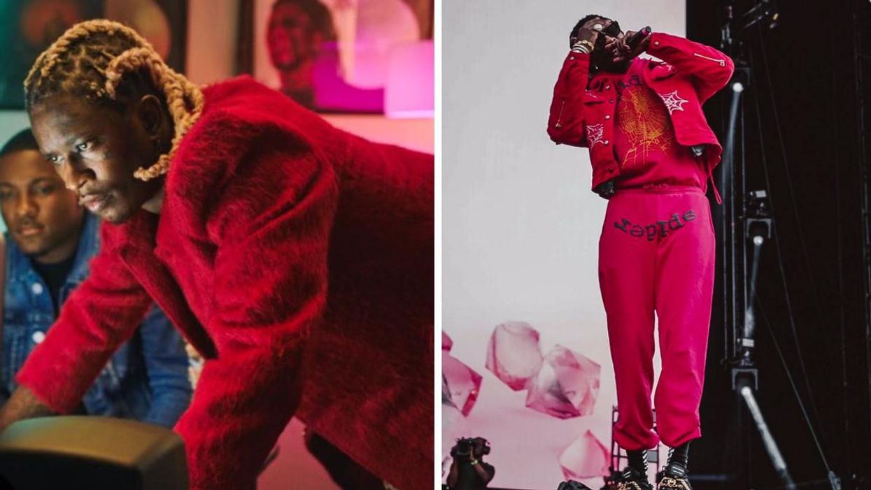 Young Thug looking at a screen intently. Right: Young Thug performing on stage in a sweat suit.