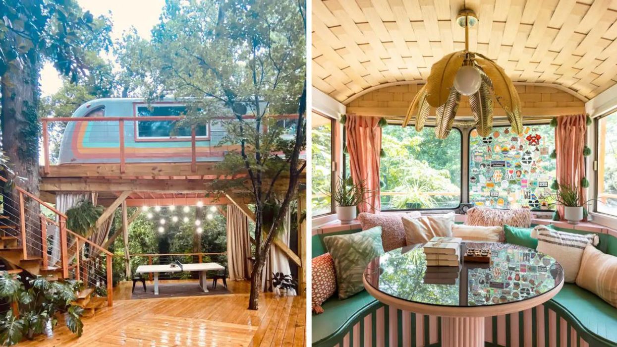 Young Wild & Tree (house) airstream exterior. Right: The dining area in the Young Wild & Tree (house).
