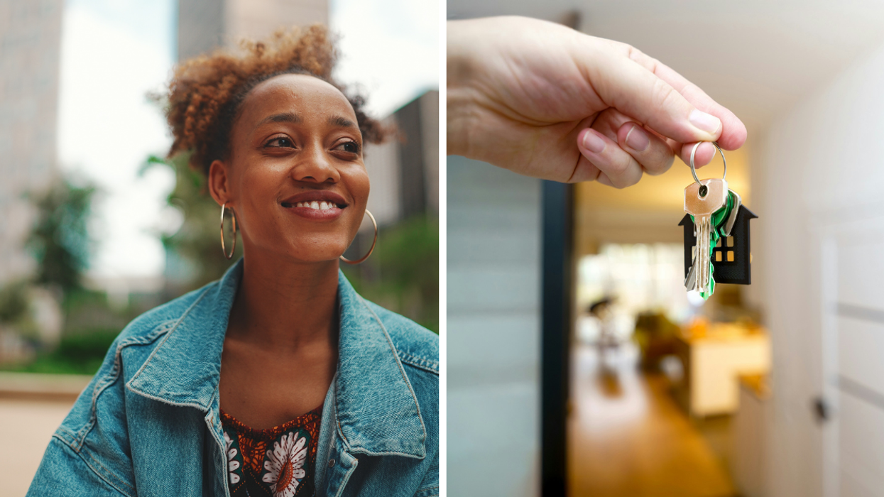 Young woman smiling outdoors in an urban setting, wearing a denim jacket and hoop earrings. Right: Close-up of a hand holding house keys with a black house-shaped keychain inside a bright, modern home.