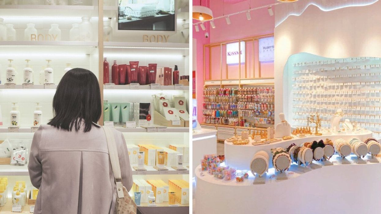 Young woman standing in front of shelf of skincare products. Right: Kiokii and... store.
