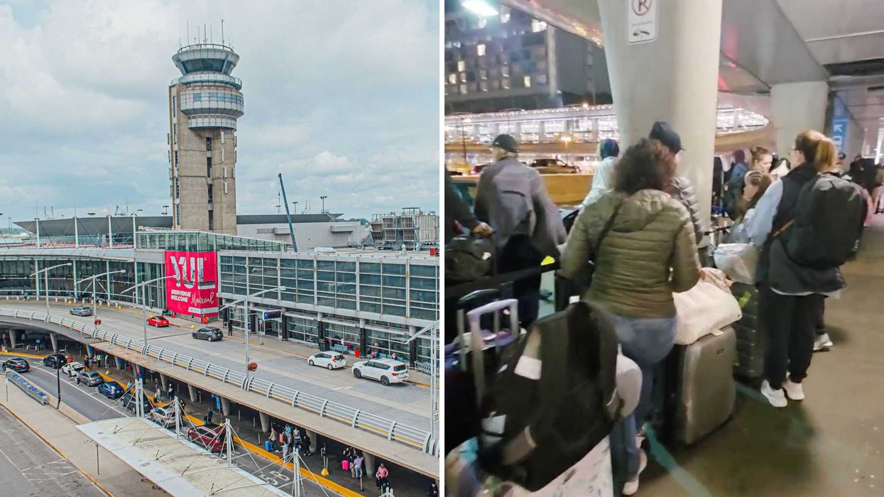 YUL. Droite : des gens en file d'attente.