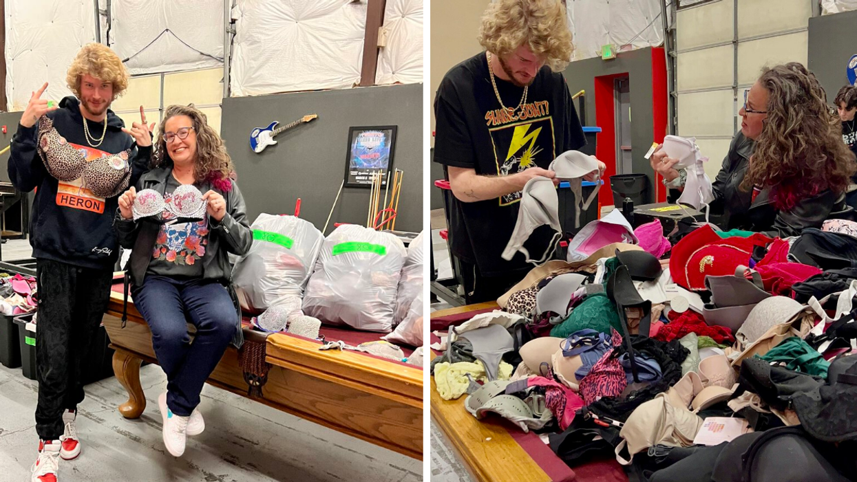 Yung Gravy and Dana Marlowe holding bras. Right: Yung Gravy and Marlowe sorting through the donations.