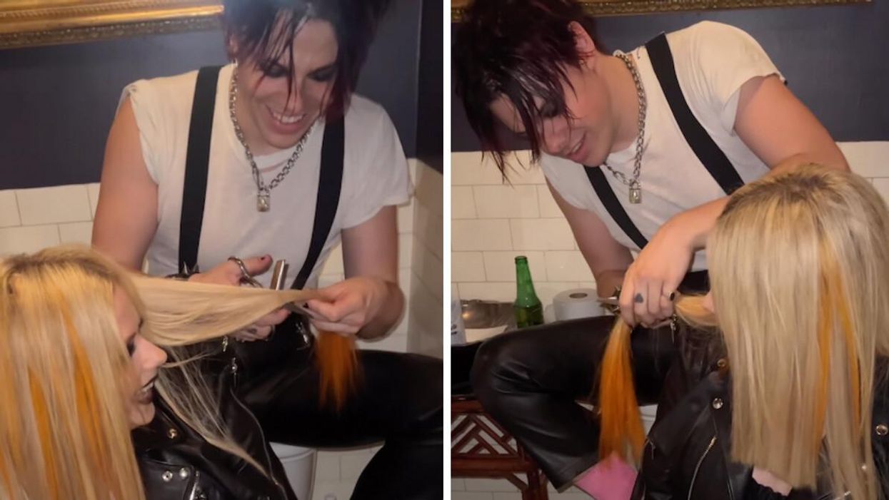 Yungblud cutting Avril Lavigne's hair.