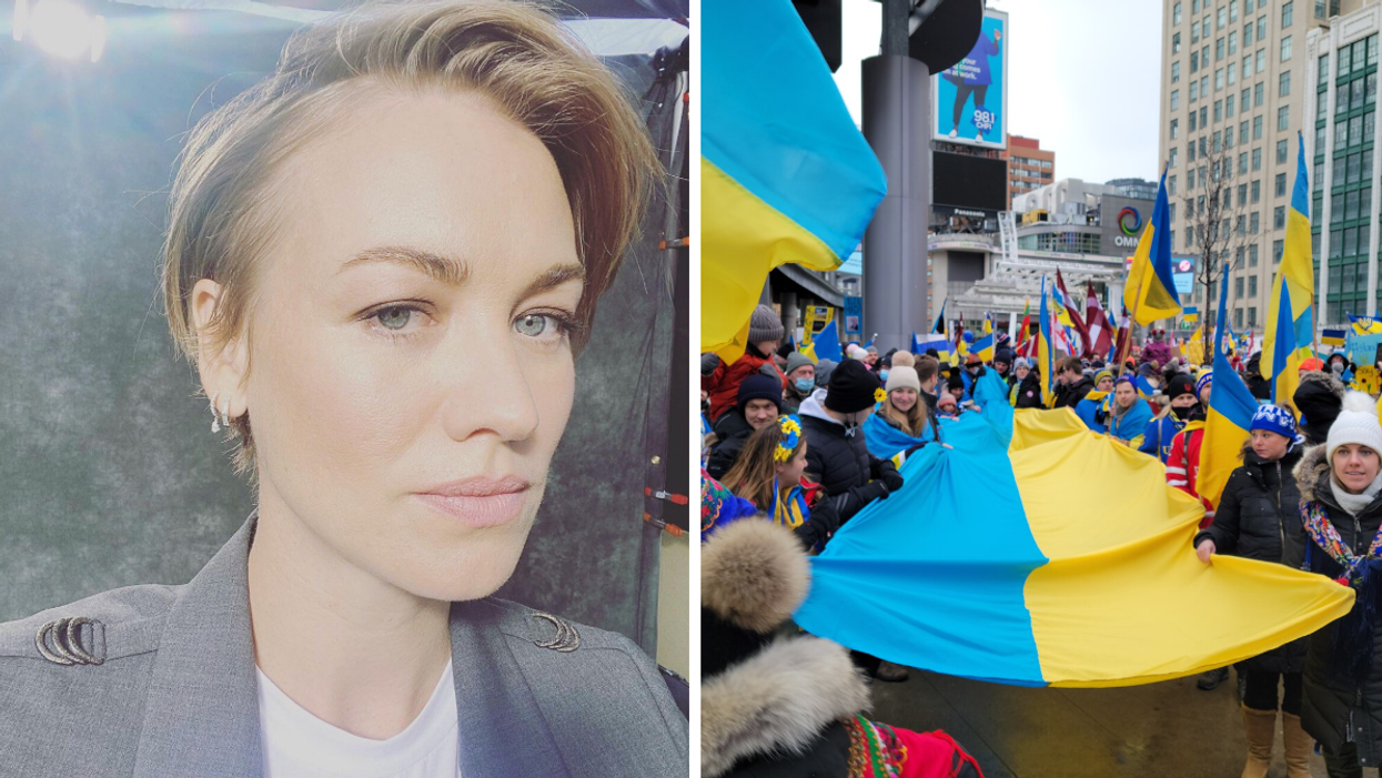 Yvonne Strahovski. Right: Protest for Ukraine in Toronto this weekend