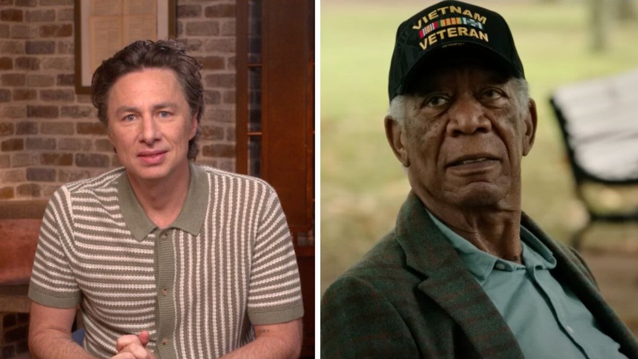 Zach Braff. Right: Morgan Freeman.