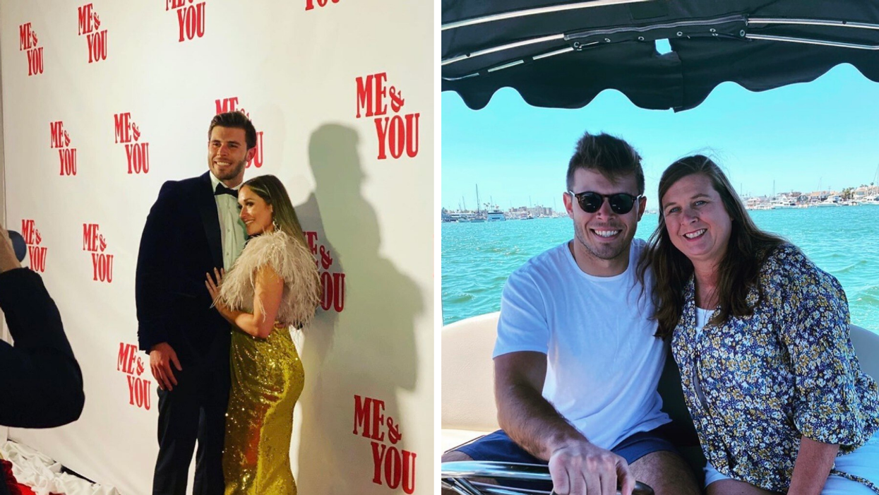 Zach Shallcross in a suit and Rachel Recchia in a golden dress. Right: Shallcross in a white shirt and his mom and a floral top.