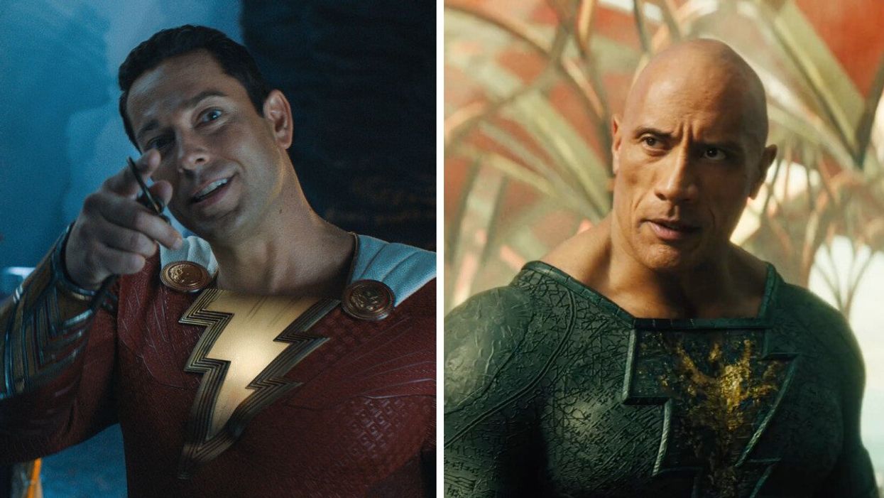 Zachary Levi in "Shazam! Fury Of The Gods." Right: Dwayne Johnson in "Black Adam."
