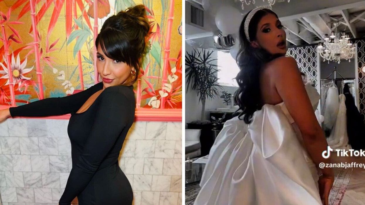 Zanab Jaffrey. Right: Zanab Jaffrey in a wedding dress.