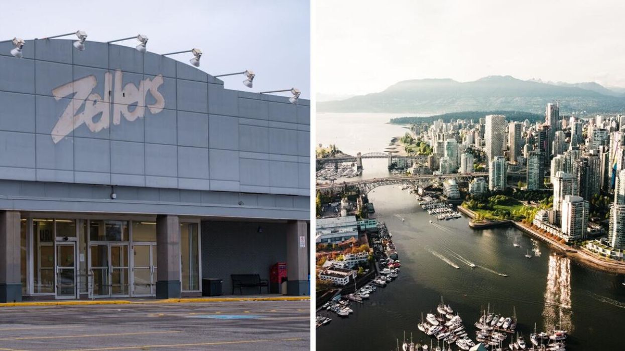 Zellers Canada store location. Right: Vancouver skyline.