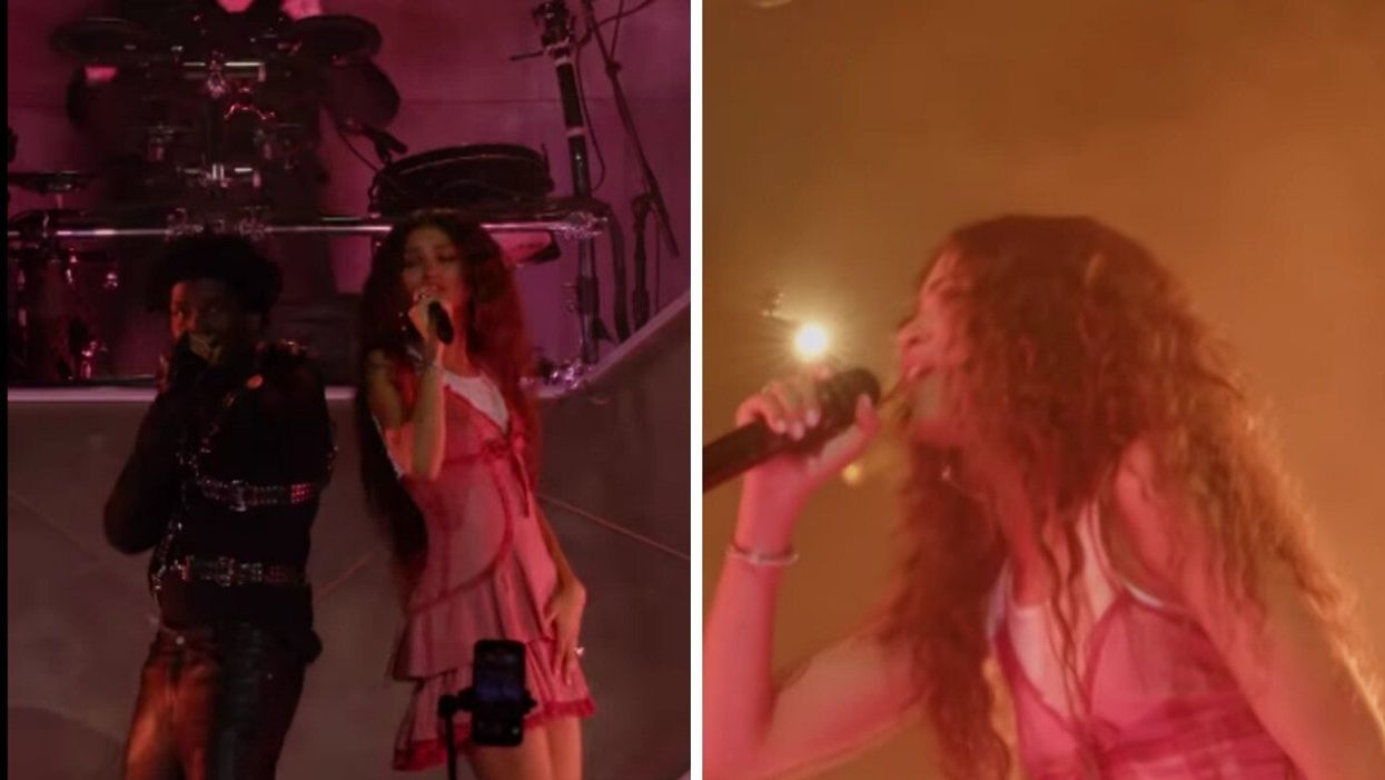 Zendaya and Labrinth performing together during Coachella. Right: Zendaya performing at Coachella.