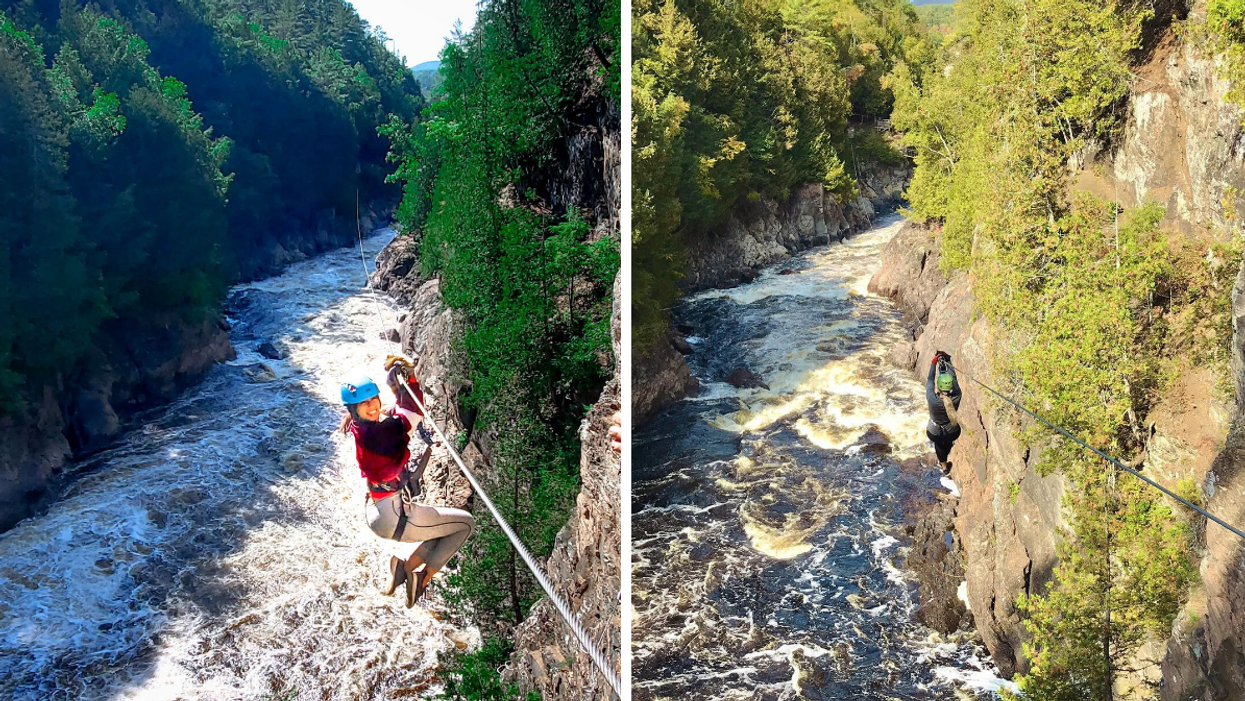 Zip lining over a gorge with water rapids at Chutes Coulonge Park.