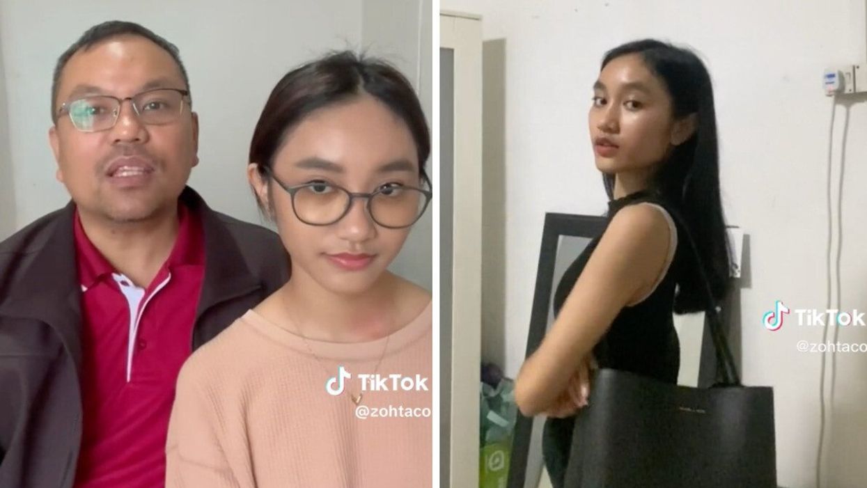 Zoe Gabriel and her dad in a TikTok video. Right: Zoe Gabriel showing off her new Charles & Keith bag.