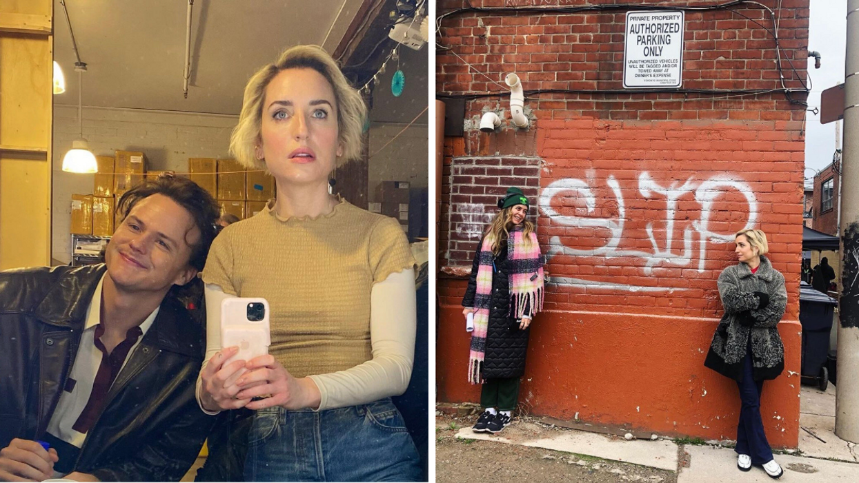 Zoe Lister-Jones with Whitmer Thomas. Right: Zoe Lister-Jones posing with Slip graffiti.