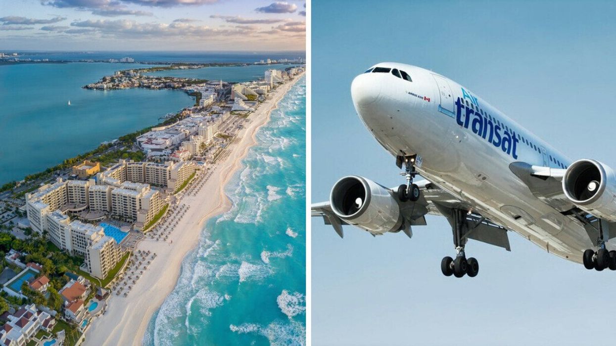 Zone hôtelière de Cancun au Mexique. Droite : Un avion d'Air Transat.