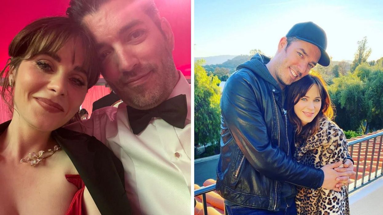 Zooey Deschanel taking a selfie with Jonathan Scott. Right: Zooey Deschanel with her boyfriend Jonathan Scott.